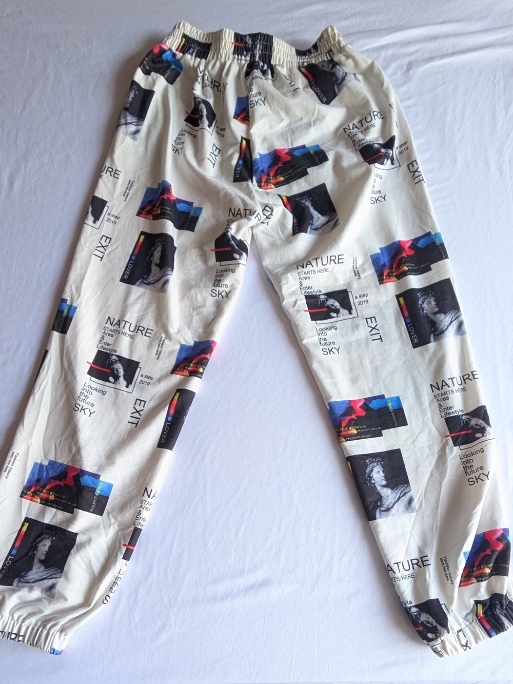 Graphic Print Elastic Waist Joggers — White with Multicolor Accents